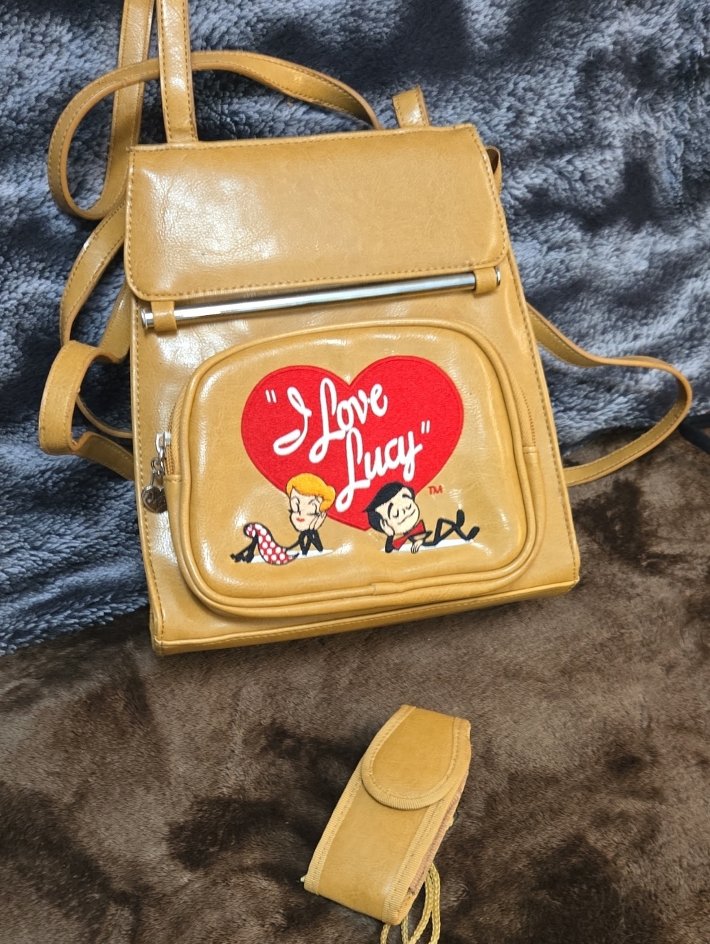I Love Lucy Tan Vinyl Backpack with Red Heart Graphic
